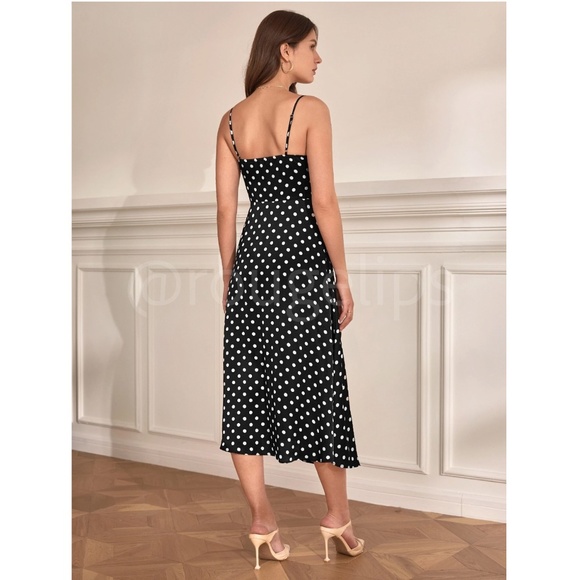 French Style Polka Dot Black Midi Dress Leg Slit - Picture 13 of 16